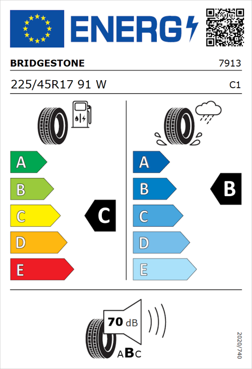 Tyre Label for Bridgestone Turanza T001 225/45R17 91W
